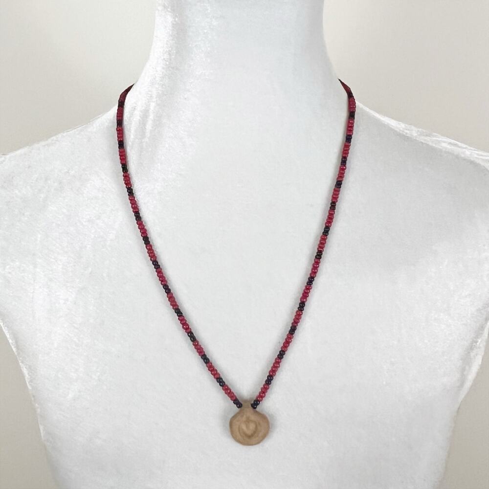 Handmade Red and Black Beaded Necklace with Tan Clay Pendant Hand Crafted